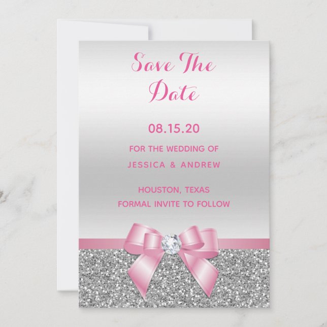 Elegante romantische Rosa Glitzer Hochzeit & Silbe Save The Date (Vorderseite)