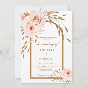 Elegante Romantische Rosa Hauch Gold Blumenhochzei Einladung