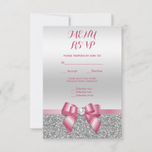Elegante romantische rosa Schleife & Silber Glitte RSVP Karte