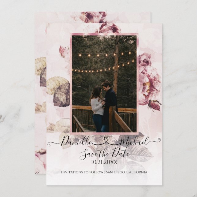 Elegante Romantische Rose Blumenschrift Foto Herz Save The Date (Vorne/Hinten)