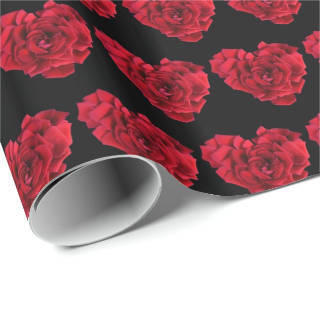 Elegante romantische Rote Rose Herzstück Schwarz Geschenkpapier (Rolleneckpunkt)