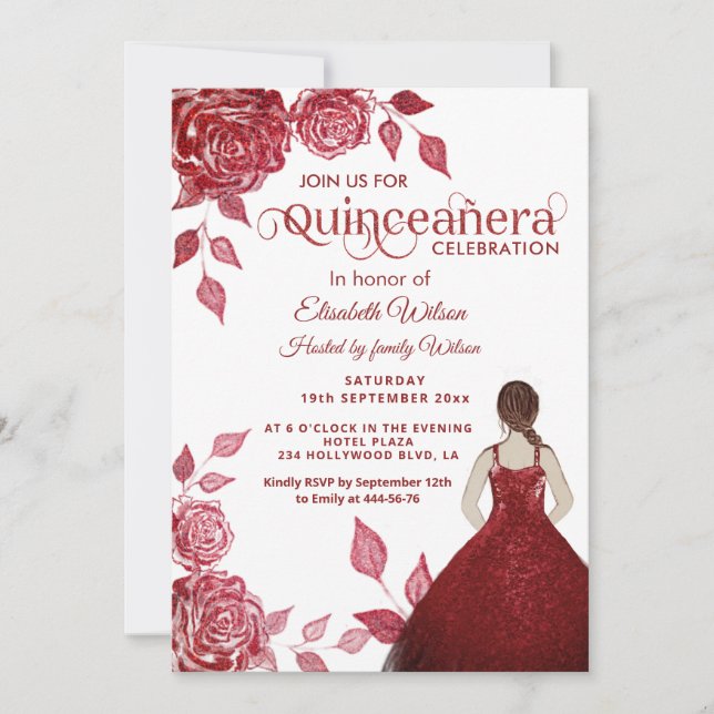 Elegante romantische rote Rosen Quinceañera Einladung (Vorderseite)