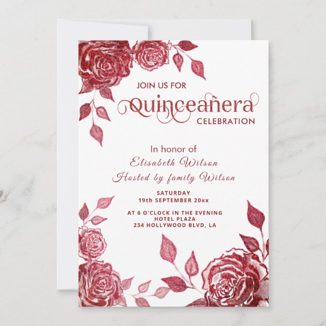 Elegante romantische rote Rosen Quinceañera Einladung (Vorderseite)