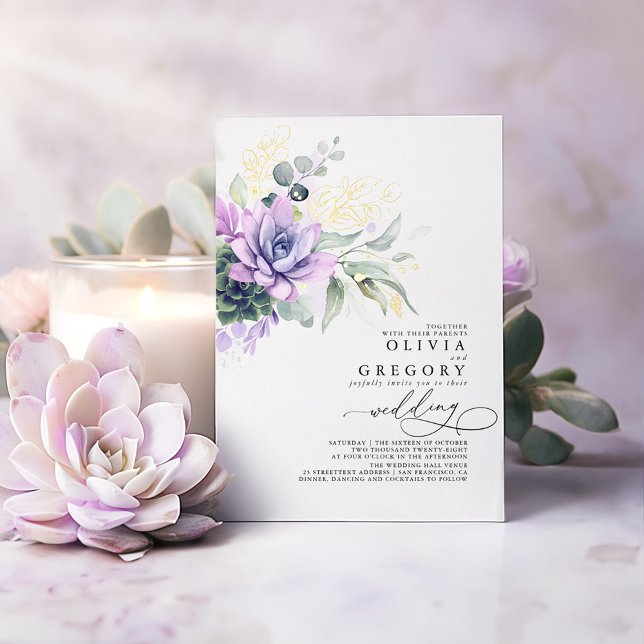 Elegante romantische Sukkulente Hochzeit im Grünen Folieneinladung (Purple Succulents and Real Gold Foil Greenery Wedding Invitations)