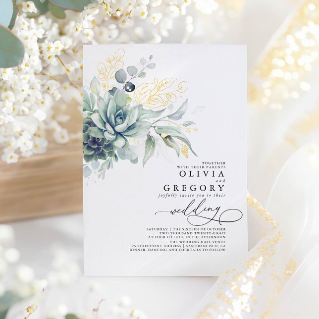 Elegante romantische Sukkulente Hochzeit im Grünen Folieneinladung (Succulents Greenery and Gold Foil Wedding Invitations)