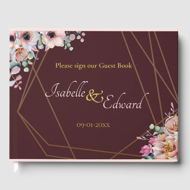 Elegante, rosa Anemone, geometrische Rahmen der Bl Gästebuch (Vorderseite)