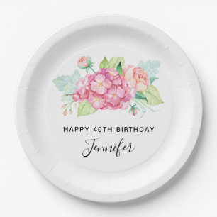Elegante Rosa Aquarell Blume Bouquet Geburtstag Pappteller