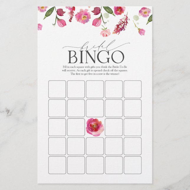 Elegante Rosa Aquarell Blume Bridal Bingo Game (Vorderseite)