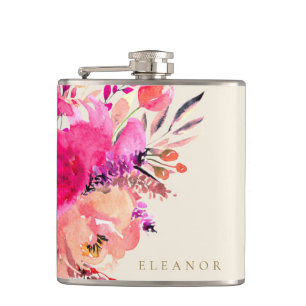 Elegante rosa Aquarell-Blumen Hochzeitsgesellschaf Flachmann