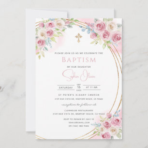 Elegante Rosa Aquarell Flora Girl Taufe Invita Einladung