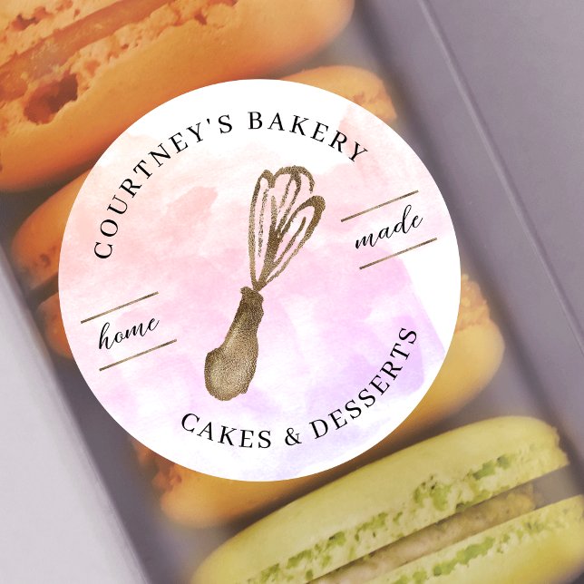 Elegante Rosa Aquarell & Gold Glitzer Bäckerei Runder Aufkleber (Elegant pink watercolor  packaging stickers for chefs, caterers, bakers alike)