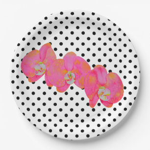 Elegante Rosa Aquarell Orchideen Polka-Punkte Pappteller