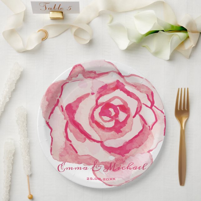 Elegante rosa Aquarellfarben, Personalisierte Hoch Pappteller (Hochzeit)