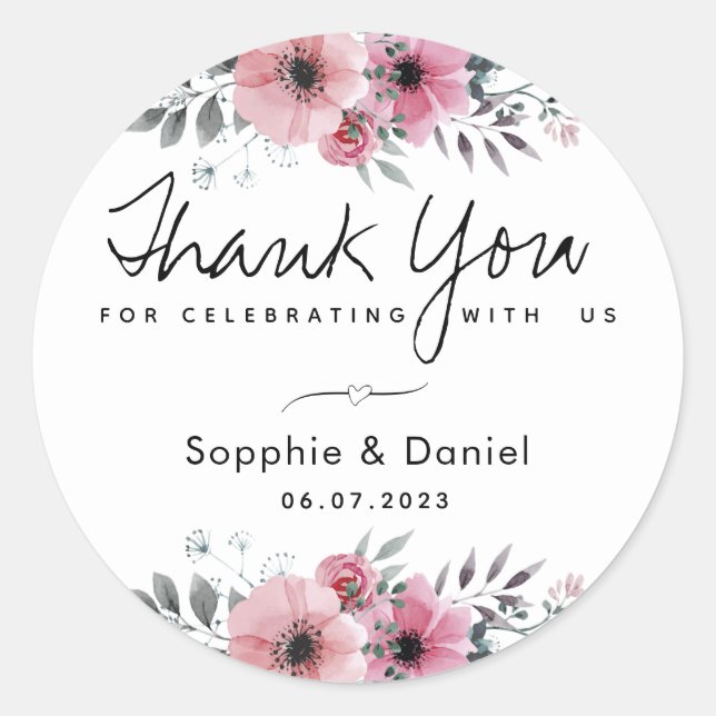 Elegante rosa Aquarellfarben Vielen Dank Runder Aufkleber (Vorderseite)