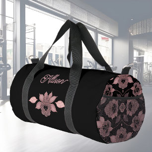 Elegante rosa auf schwarzer Spitze im Vintage-Stil Duffle Bag