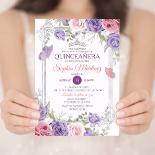 Elegante Rosa Bläserblume Silber Lila Girl Quincea Einladung