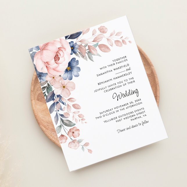 Elegante Rosa Bläserei Einladung (Blush Pink Floral Script Elegant Wedding Budget Invitation)