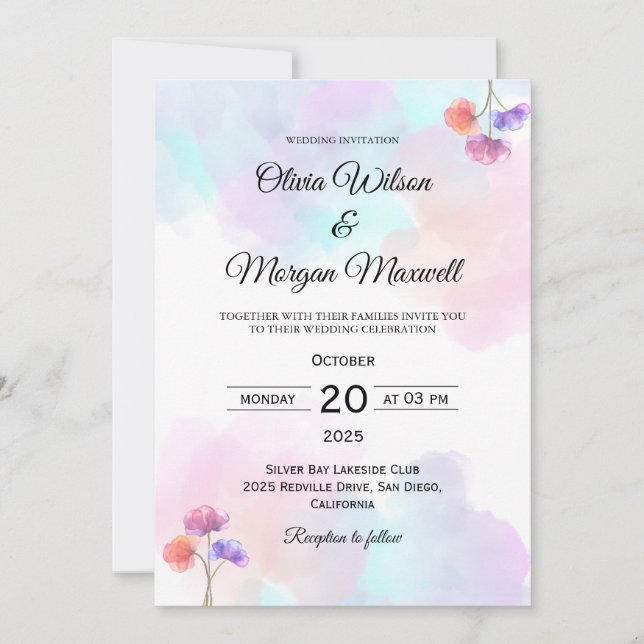 Elegante Rosa & Blau Einladungen für Hochzeiten (Vorderseite)