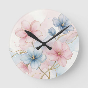 Elegante rosa blaue florale Wasserfarbe Runde Wanduhr