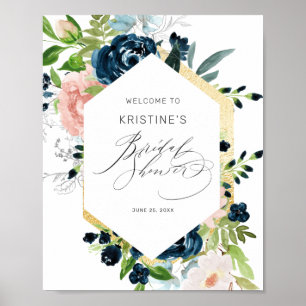 Elegante rosa blaue Rose Floral Brautparty Willkom Poster
