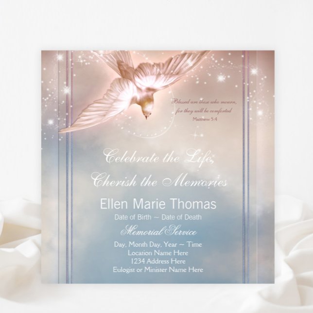 Elegante rosa blaue Taube in Love Memory Memorial Einladung (Dove funeral and memorial announcement and invitation. )
