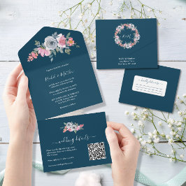 Elegante rosa blaue Wasserfarbe Blumenzwiese All In One Einladung