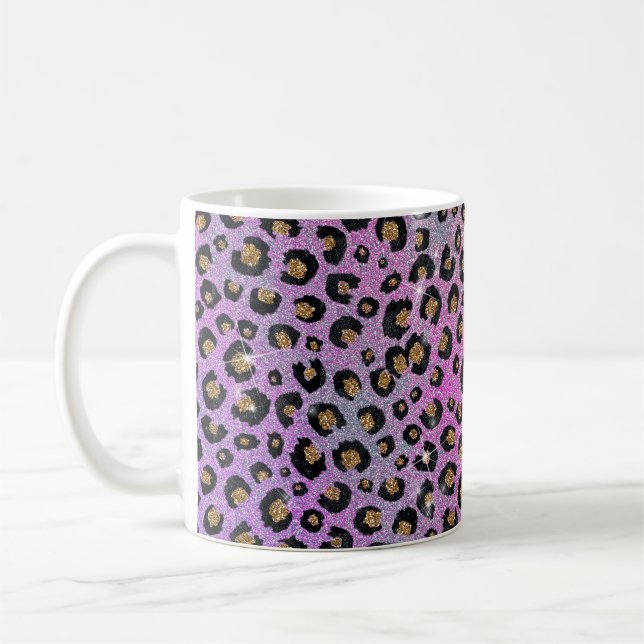 Elegante Rosa Blue Gold Glitzer Black Leopard Prin Kaffeetasse (Links)