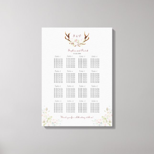 Elegante, rosa Blume Antlers Seating Chart Leinwanddruck (Vorderseite)