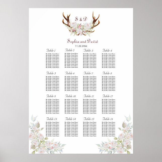 Elegante, rosa Blume Antlers Seating Chart Poster (Vorne)