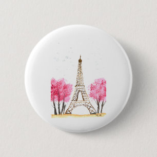 Elegante rosa Blume Aquarell Eiffelturm Paris Button