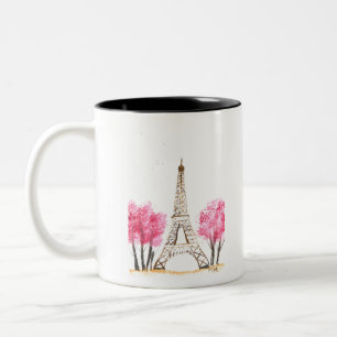 Elegante rosa Blume Aquarell Eiffelturm Paris Zweifarbige Tasse