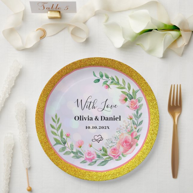 Elegante Rosa Blume Danke für Ihre Hochzeit Pappteller (Hochzeit)