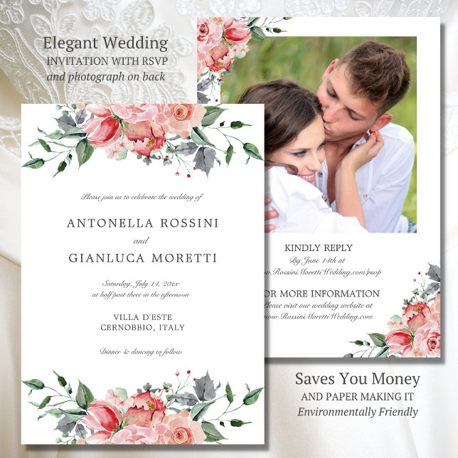 Elegante Rosa Blume Foto UAWG Wedding Einladung (Elegant wedding invitation with RSVP on back saves you money and is environmentally friendly)