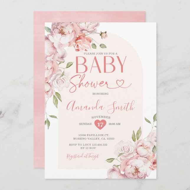 Elegante Rosa Blume Girl Baby Duschbad Grüne Einladung (Vorne/Hinten)