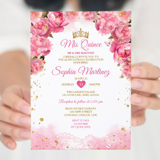 Elegante Rosa Blume Gold Girl Mis Quince Einladung