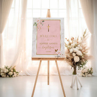 Elegante rosa Blume Gold Taufe Begrüßungszeichen Poster