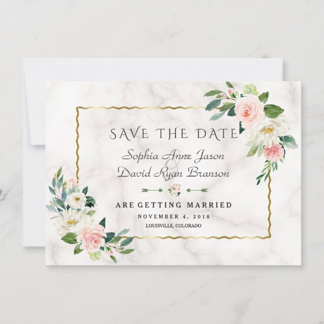 Elegante Rosa Blume Goldrahmen Marmorhochzeit Save The Date (Vorderseite)