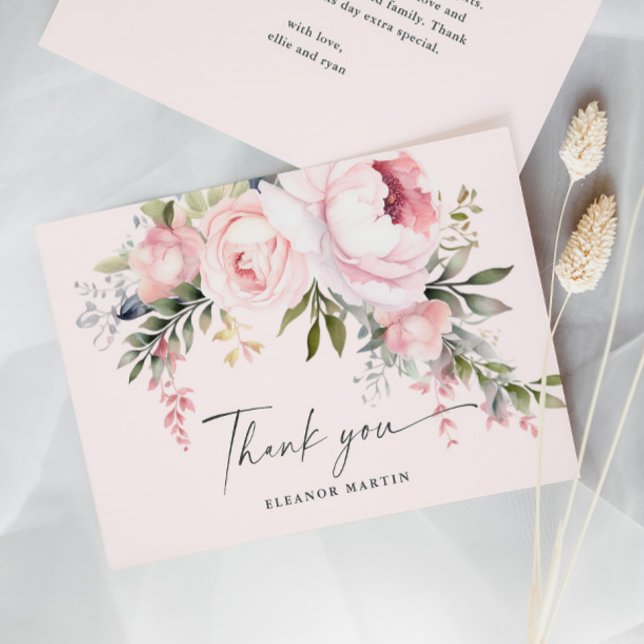 Elegante Rosa Blume Grüngarten Kinderdusche Dankeskarte (Elegant Pink Flowers Greenery Garden Baby Shower Thank You Card.)