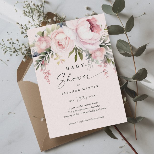 Elegante Rosa Blume Grüngarten Kinderdusche Einladung (Elegant Pink Flowers Greenery Garden Baby Shower Invitation)