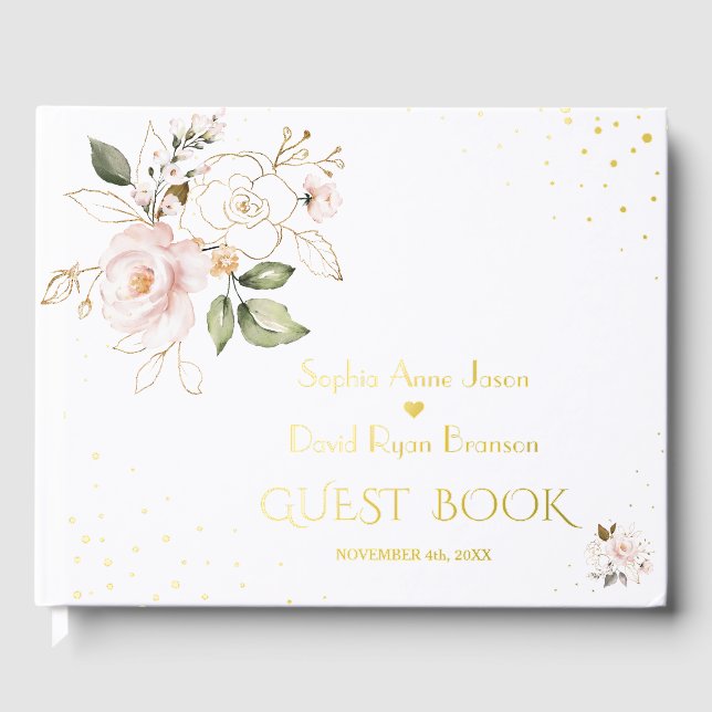 Elegante Rosa Blume Hochzeit Gold Gästebuch (Vorderseite)