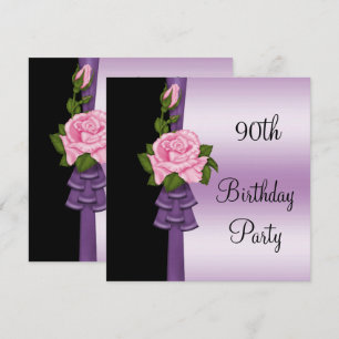 Elegante Rosa Blume & Lila Ribbon 90. Geburtstag Einladung