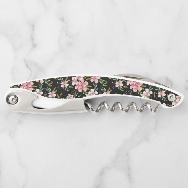 Elegante Rosa Blume Schwarzes Party Kellnermesser (Vorderseite)