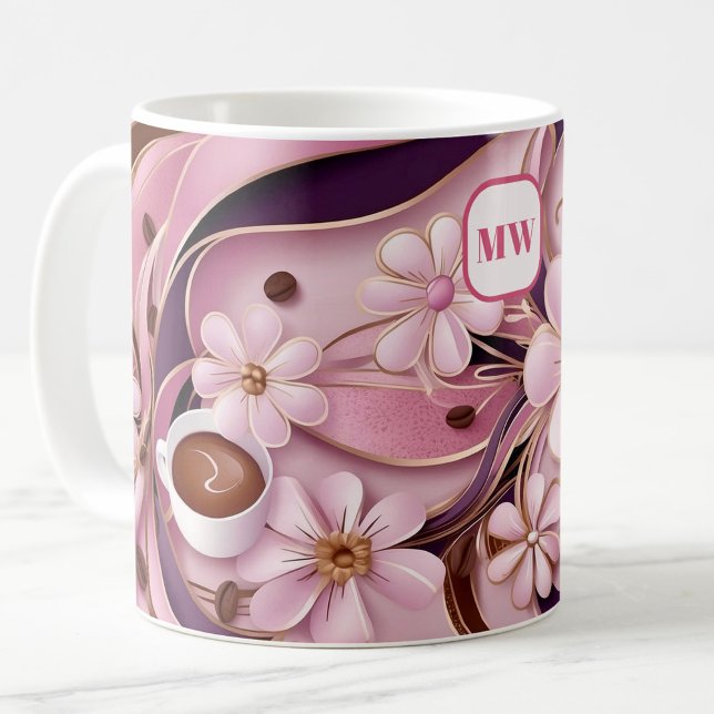 Elegante, rosa Blume und Bändchenmonogramm Kaffeetasse (Von Creator hochgeladen)