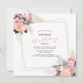 Elegante rosa Blume und Elfenbeinpampas Birthday I Einladung