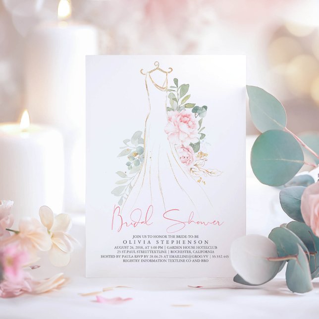 Elegante rosa Blume und grünes Brautparty Einladung (Pink Floral Dress Bridal Shower Invitation)