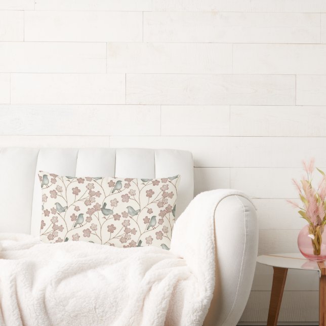 Elegante rosa Blume und grünes Vogelmuster Lendenkissen (Liege)