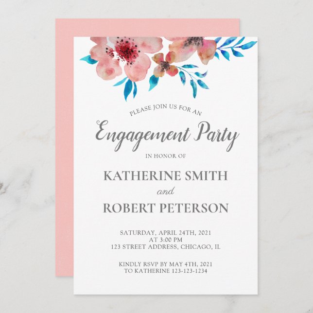 Elegante rosa Blume Wasserfarbene Hochzeitsstimmun Einladung (Vorne/Hinten)