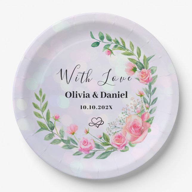 Elegante Rosa Blume Wasserfarbenhochzeit Pappteller (Vorderseite)