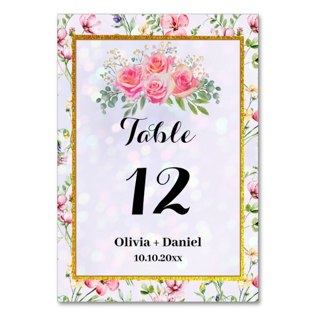 Elegante Rosa Blume Wasserfarbenhochzeit Tischnummer (Vorderseite)