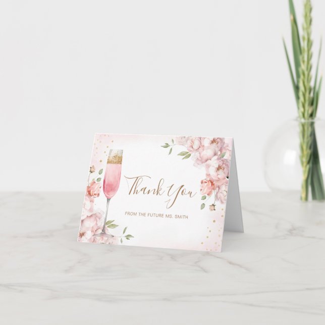Elegante rosa Blumen Brunch & Champagner Brautpart Dankeskarte (Vorderseite)